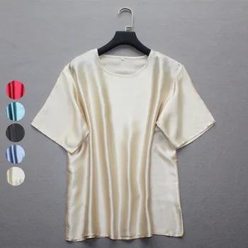 Stilul de bază din Satin de matase grea top femei vrac gât rotund pulover de culoare solidă mătase de dud cu maneci scurte T-shirt de vară