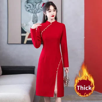 2023 Toamna Iarna Nou Stil Retro Elegant Slim Modern, Îmbunătățit Roșu Cheongsam Chineză Tradițională Dantela Qipao Rochie pentru Femei