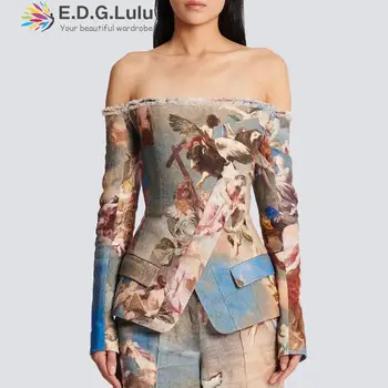 EDGLuLu Casual Chic T-Shirt De Pe Umăr Mâneci Lungi Vintage Print Bluza Neregulate Crop Top Pentru Femei De Vară Tie-Dye Shirt 1004