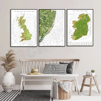 Irlanda Harta teren de Golf, teren de Golf opera de Arta, New Jersey, pe Coasta de Hartă Surf, marea BRITANIE Marea Înot Harta Printuri, Decor Acasă Poster de Arta de Perete