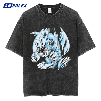 Hip-Hop Streetwear Bărbați Supradimensionat Tricou Anime Albastru Dinozaur Grafic De Imprimare T Tricoul De Bumbac Se Spală Cu Maneci Scurte Vintage Tricou Negru