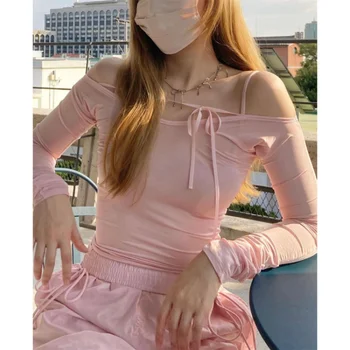 HOUZHOU Y2k Roz T-shirt Femei Kpop Maneca Lunga de Pe Umăr Crop Top Sexy coreeană de Moda Streetwear tricouri 2000 Estetice