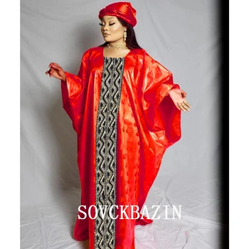 Roșu Bazin Riche Rochii Lungi Pentru Ankara Femei De Zi Cu Zi De Îmbrăcăminte Cele Mai Noi 2024 Mai Recente Gratuit Dimensiune Bazin Riche Dashiki Halat Cu Eșarfă