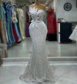 Abendkleider Luxus 2023 Haute Couture White Rochii De Seara Elegante Sirenă Lung Cu Margele Paiete Personaliza Cristale Rochii De Petrecere
