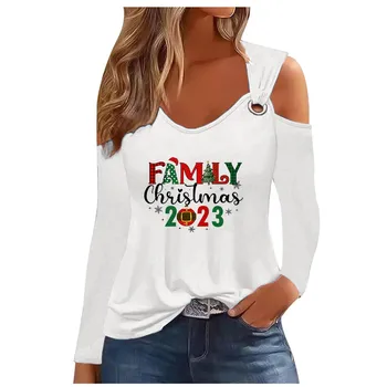 Imprimare De Moda Crăciun Fericit Tricou Femei 2023 Nou În Casual De Pe Umăr Teuri Toamna Iarna Alb Cu Maneca Lunga Topuri Largi