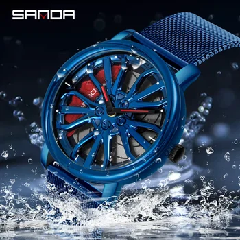 SANDA P1057 2023 Noua Moda Impermeabil din Oțel Inoxidabil Cuarț Ceas de mână Sport pentru Bărbați Ceasuri Cu Masina Jantă Butuc Design