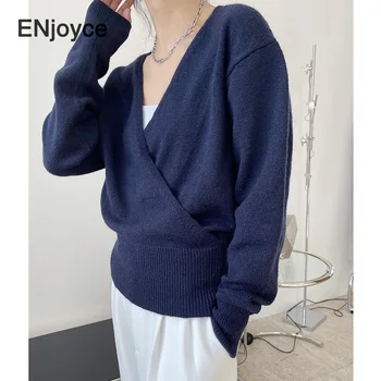 Primăvara Femei Vintage V-neck Pulovere Pulover Moda coreeană Stil Elegant Tricotaje Crossover Tricotate Îmbrăcăminte Casual Top Vrac