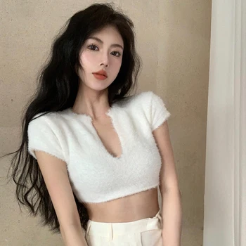 V NeckLint Tricotate Mâneci Scurte Topuri de Cultură Solid de Culoare de Vară Slim Sexy Casual Topuri Femeile Expune Buric Versiunea coreeană 