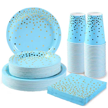 Albastru tacamuri set de bronzat buline pentru nunta, pahare de hârtie de unica folosinta tacamuri farfurii pentru petrecere decoratiuni