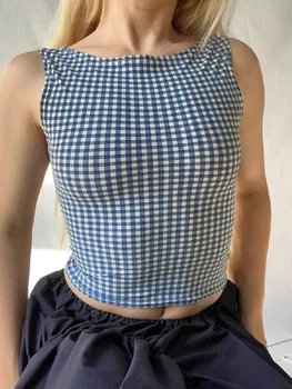 Femei Trunchiate Topuri Rezervor Print Carouri de Vară Arc Backless de Bază Vesta fără Mâneci Tricou Estetice Haine pentru Streetwear