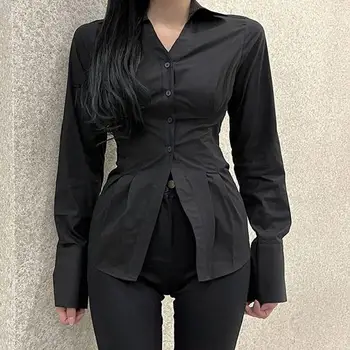 Sexy Betelie 2023 Nou Toamna Retro Fit Solid Negru și Alb Buton Women ' s Wear coreean Tricou Casual în Interiorul și în Afara