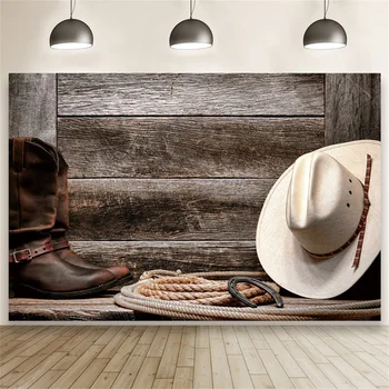 Cowboy vest Fotografie Fundal Ferma de Perete din Lemn pentru Copil Ziua de nastere Partid de Fundal Pălărie din Piele Pantofi Cabina Foto Banner