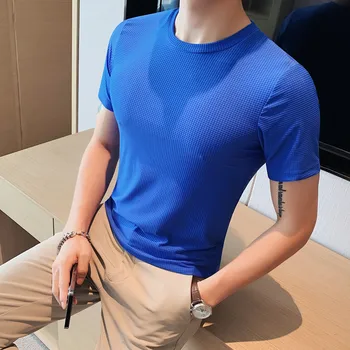 Vara Subțire de Culoare Solidă Stretch Slim Verifica cu mânecă Scurtă T-shirt pentru Bărbați Îmbrăcăminte de Brand Matase de Gheață Traceless Crewneck Casual T-shirt