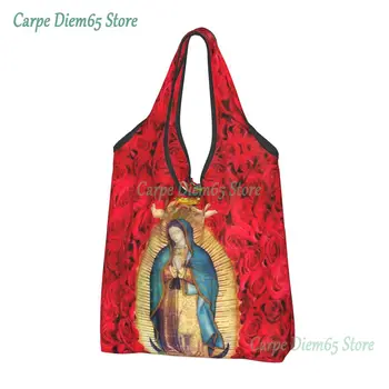 Guadalupe Fecioara Maria Cu Flori De Cumpărături De Alimente Geanta Shopper Tote Geantă De Umăr Mare Capacitate Portabil Catolică Geantă De Mână
