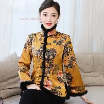 2024 naționale floare de imprimare satin haina vintage chineză bumbac căptușit sacou tradiționale tang costum oriental îngroșa strat cald