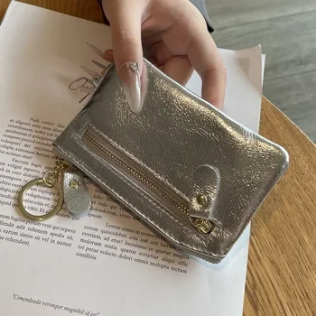 Noi Argintiu din Piele cu Fermoar Drăguț Portofel pentru Femei Mini Poseta de Monede Portabil Cheie Titularul Cardului de Monedă Pungă de Pungă cu Breloc