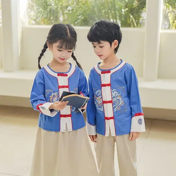 Toamna Anului Nou Băiat Și Fată De Epocă Butonul Dragon Oriental Hanfu Rochie Stil Chinezesc Broderie Două Bucata Costum Joc De Rol Costum