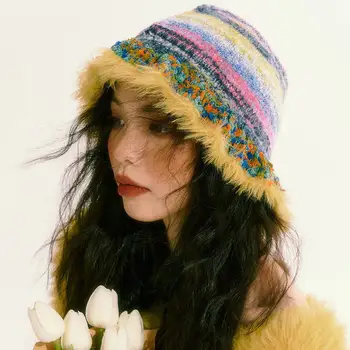 Plus Gradient De Cap Pălărie De Femei Japoneze Cu Dungi Contrastante Bazinul Palarie Toamna Iarna Cald De Protecție Pentru Urechi Thicke Lână Capac Găleată