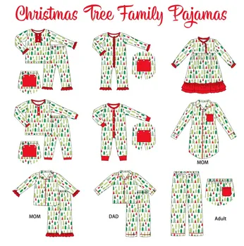Copil din Bumbac cu Maneca Lunga T-shirt Set Gât Rotund Copaci Printuri Băiat Verde de Sus Haine Și Pantaloni de Costum Romper de Crăciun de Familie Pijamale