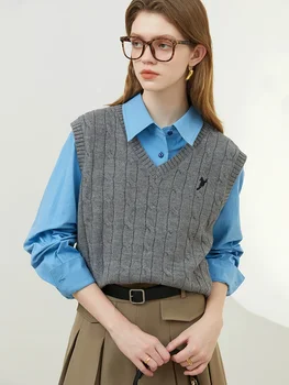 FSLE 14.3% Lână Femei Stil Preppy Veste Tricotate 2023 Primăvară Stratificat Vesta V-Neck Shirt de Proiectare Brodate Femei Pulover de Veste
