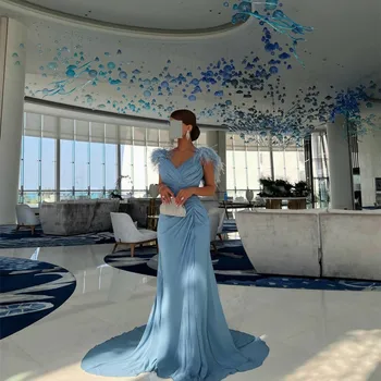 FDY Șifon Albastru Pene Prom Rochii Sirenă Formale Rochie de Seara V Gâtului Arabia Saudită Nunta Rochie de Petrecere