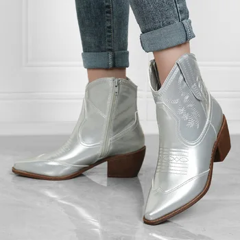 Fermoar Med Cizme cu Toc Pantofi Cizme-Femei Designer de Lux de la Jumătatea Vițel la Mijlocul lunii Vițel Doamnelor 2023 Cowboy Moda Ascuțite la Mijlocul lunii Vițel PU Retro Po