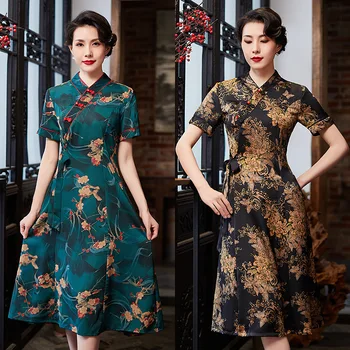 Sexy Chineză Tradițională Satin Imprimat Femei-Linie Qipao Elegant V-Neck Maneca Scurta Aodai Cheongsam