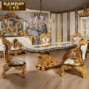 European din lemn masiv sculptat de lux, mese și scaune palat francez vila de lux folie de aur vopsit masa de personalizare