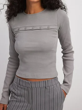 Femei Cu Maneci Lungi T-Shirt Echipajul Gât Buton De Închidere Culoare Solidă Simplu Slim Fit Basic Shirt Doamnelor Pulover Topuri Streetwear