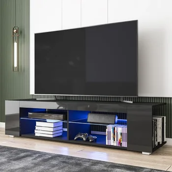 TV cabinet suport de 65 de inch cu lumini LED-uri, cu raft de sticla, partea ascunsă raft, mici consola TV, mass-media de masă