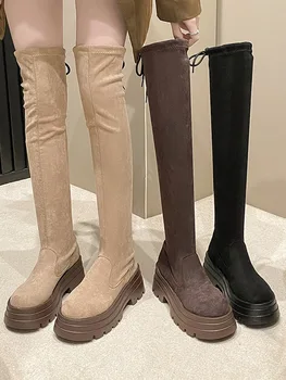 Femei Cizme de Cauciuc Încălțăminte de Iarnă Cizme-Femei Sexy Coapsei Tocuri Înalte Sexy Pantofi de Toamnă Rotund Toe Dantela-Up Ploaie 2023 Stilet