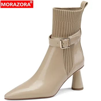 MORAZORA 2023 Noi Cataramă Glezna Cizme Rotund-Pantofi cu Tocuri de Street Style Doamnelor din Piele Șosete pentru femei Cizme pentru Femei