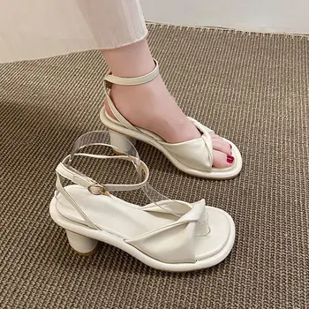 Stil francez Pantofi pentru Femei Sandale Tocuri Înalte Elegante 2023 Noi de Vara Catarama Curea Solidă Concis, Elegant Bowknot Moda