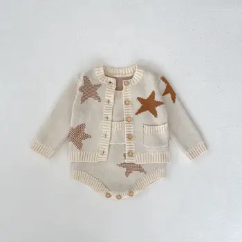 2024 Primăvară Copil Fetita Stele Tricotate Cardigan Pulover De Bumbac Băiatul Copii Tricotate Bretele Bodysuit Copil Casual, Paltoane