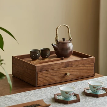 Negru nuc din lemn masiv de birou cutie de depozitare ceai Japonez tort cutie de depozitare cu sertar de tip cosmetice bijuterii
