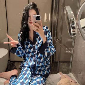 Lisacmvpnel Matase De Gheață Femei Set Pijama Cu Maneca Lunga Costum De Pijama De Imprimare De Moda De Îmbrăcăminte De Noapte