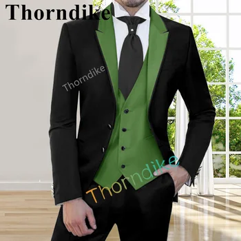 Thorndike 2022-Slim-Fit-Bărbați-Costum-Personalizate-Mire-Mireasa-Frac-Bal-Nunta-Croitor-Negru-Costum 3 Piese-Set