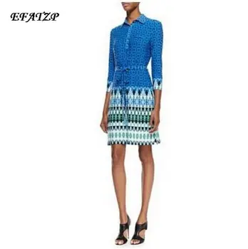 EFATZP Nou Designer de Branduri de Lux Femei Albastru Boem Imprimare Geometrice Stretch Jersey Dress
