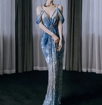Rochii de seara pentru Nunta si Petrecere Elegantă Gradient Albastru Găzdui Unul-umăr Model de Catwalk Toast Strălucitoare Rochie cu Margele Formale