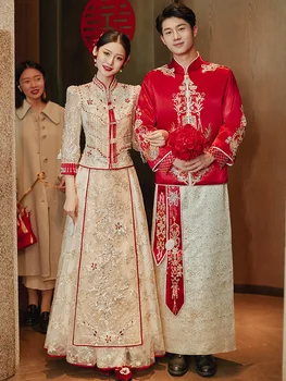 Retro Paiete Margele Broderie Tradițională Chineză Femeile Nunta Cheongsam Vintage Rochie Orientale Qipao Elegant Rochie De Mireasa