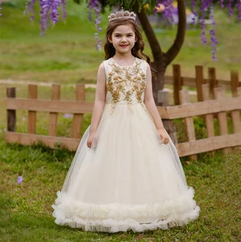 Fata Rochie De Flori Pentru Nunta De Aur Aplicatiile Tul Pufos Fără Mâneci, Cu Fundiță Princess Birthday Party Prima Împărtășanie Rochii De Bal