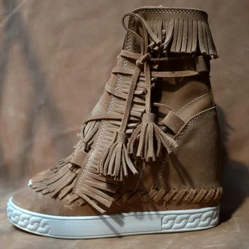 Femeii Suede Fringe Wedge Cizme Rotund Toe Roz Negru Albastru Piele De Căprioară Franjuri Sneaker Boot Înălțime Creșterea Rubbler Pantofi