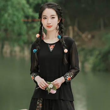 2024 chineză tradițională, o-neck cămașă națională de flori broderie tricou de plasă chineză hanfu topuri oriental tang costum, cămașă de bază 2024 chineză tradițională, o-neck cămașă națională de flori broderie tricou de plasă chineză hanfu topuri oriental tang costum, cămașă de bază 2