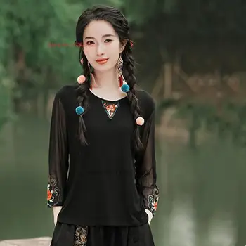 2024 chineză tradițională, o-neck cămașă națională de flori broderie tricou de plasă chineză hanfu topuri oriental tang costum, cămașă de bază 2024 chineză tradițională, o-neck cămașă națională de flori broderie tricou de plasă chineză hanfu topuri oriental tang costum, cămașă de bază 3