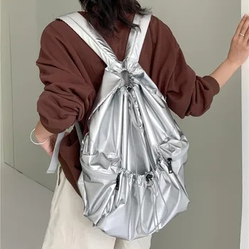 Moda cordon Femei Rucsacuri de mare capacitate piele pu Moale Ghiozdan Pentru Adolescenti Fete bagpack argint Femei Geantă de Umăr