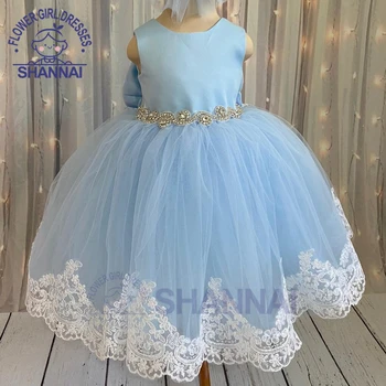 Copii Fată Dress Light Blue Crystal Curea fără Mâneci Genunchi Fusta cu Detașabil Sfârșit Petrecerea de Nunta Rochii Fete cu Flori
