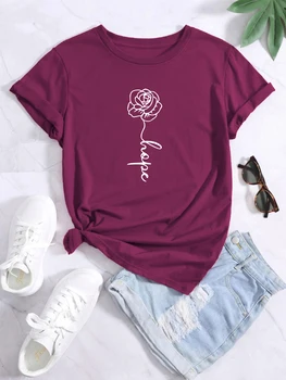 Sper Floare de Imprimare T-shirt Echipajul Gât, Liber Casual cu Maneci Scurte de Vară de Moda T-Shirt, Bluze, Îmbrăcăminte pentru Femei