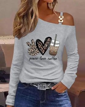 Femei T shirt Topuri Elegante Umăr Rece Inima Grafic Sloganul Leopard Pace Place Cafeaua de Imprimare de Top de sex Feminin de Toamna cu Maneci Lungi de Sus